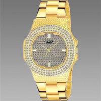 Golden Stone Studded Diamond Wrist Watch For Boys & Men