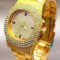 Golden Stone Studded Diamond Wrist Watch For Boys & Men